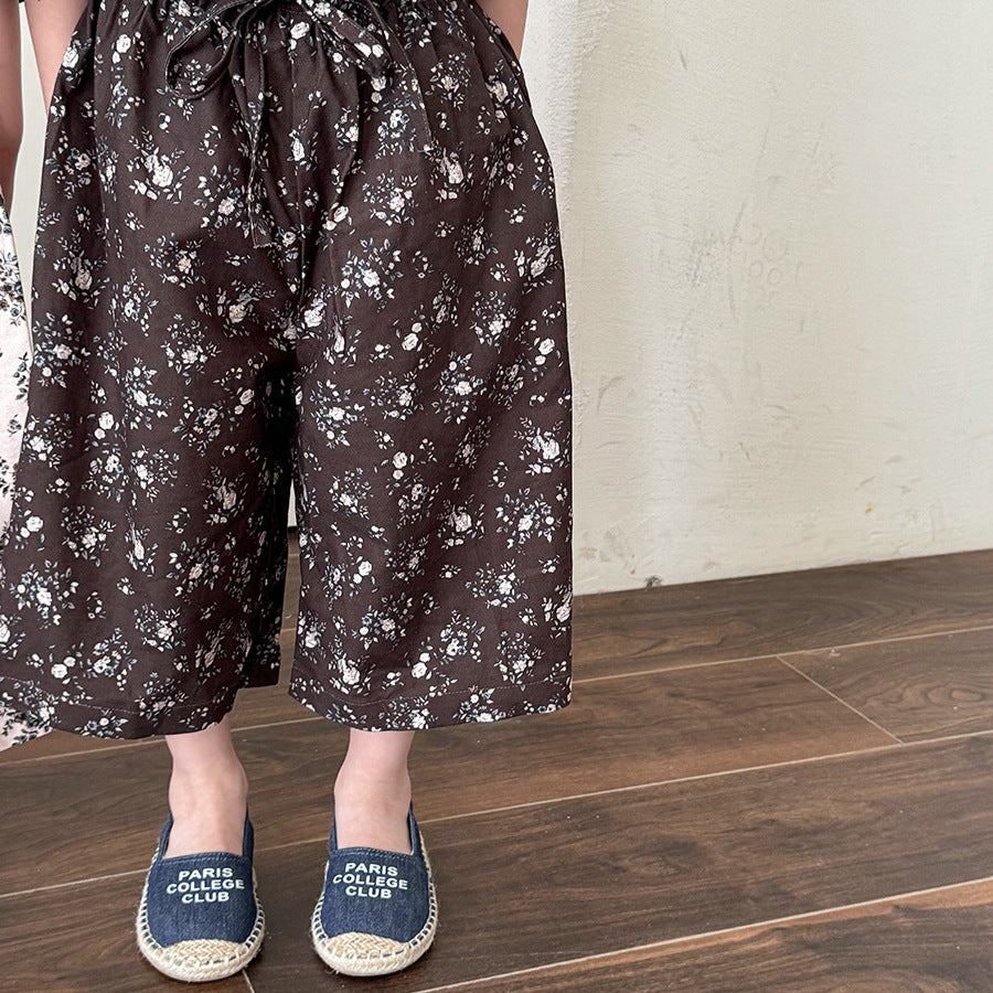 ボタニカル柄ストレート薄手パンツ