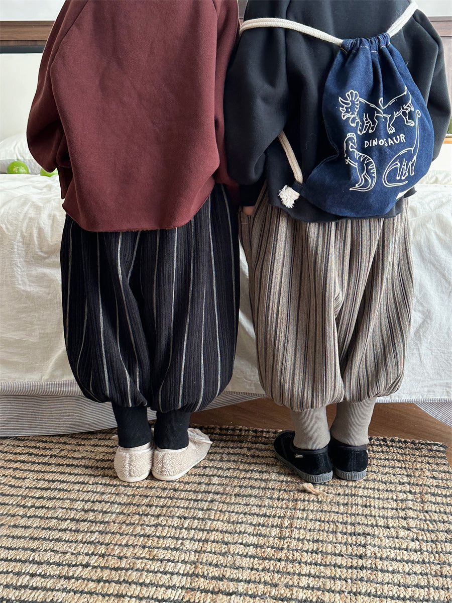 ストライプ柄裏ボア裾リブパンツ