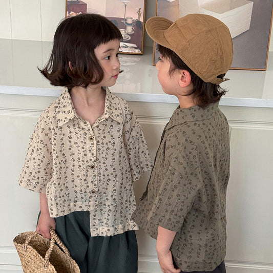 裾アシメトリーボタニカル柄シャツ