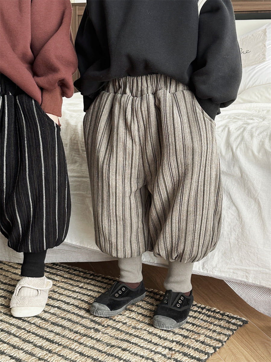 ストライプ柄裏ボア裾リブパンツ