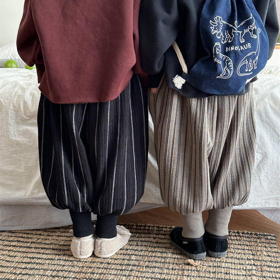 ストライプ柄裏ボア裾リブパンツ