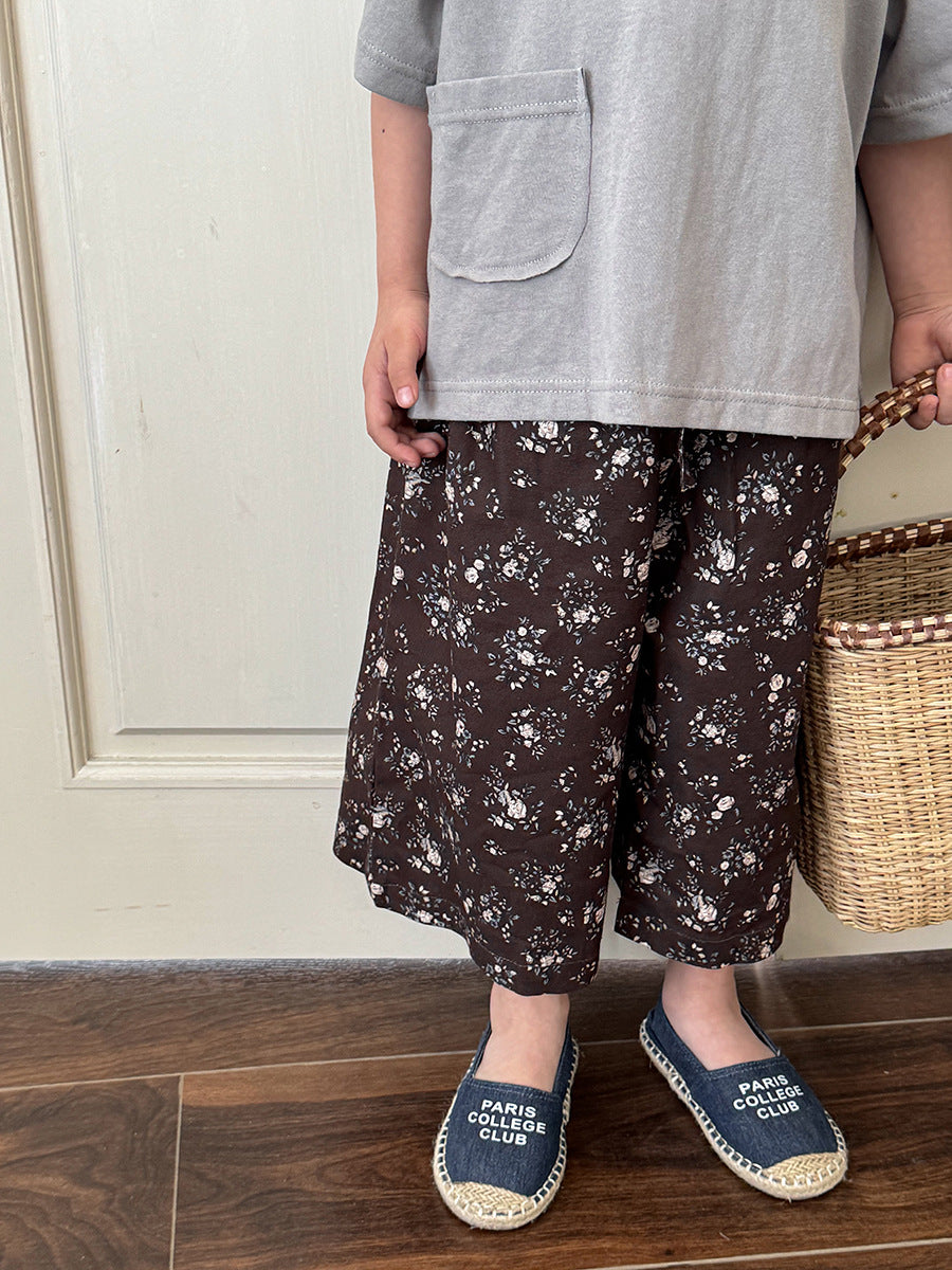 ボタニカル柄ストレート薄手パンツ