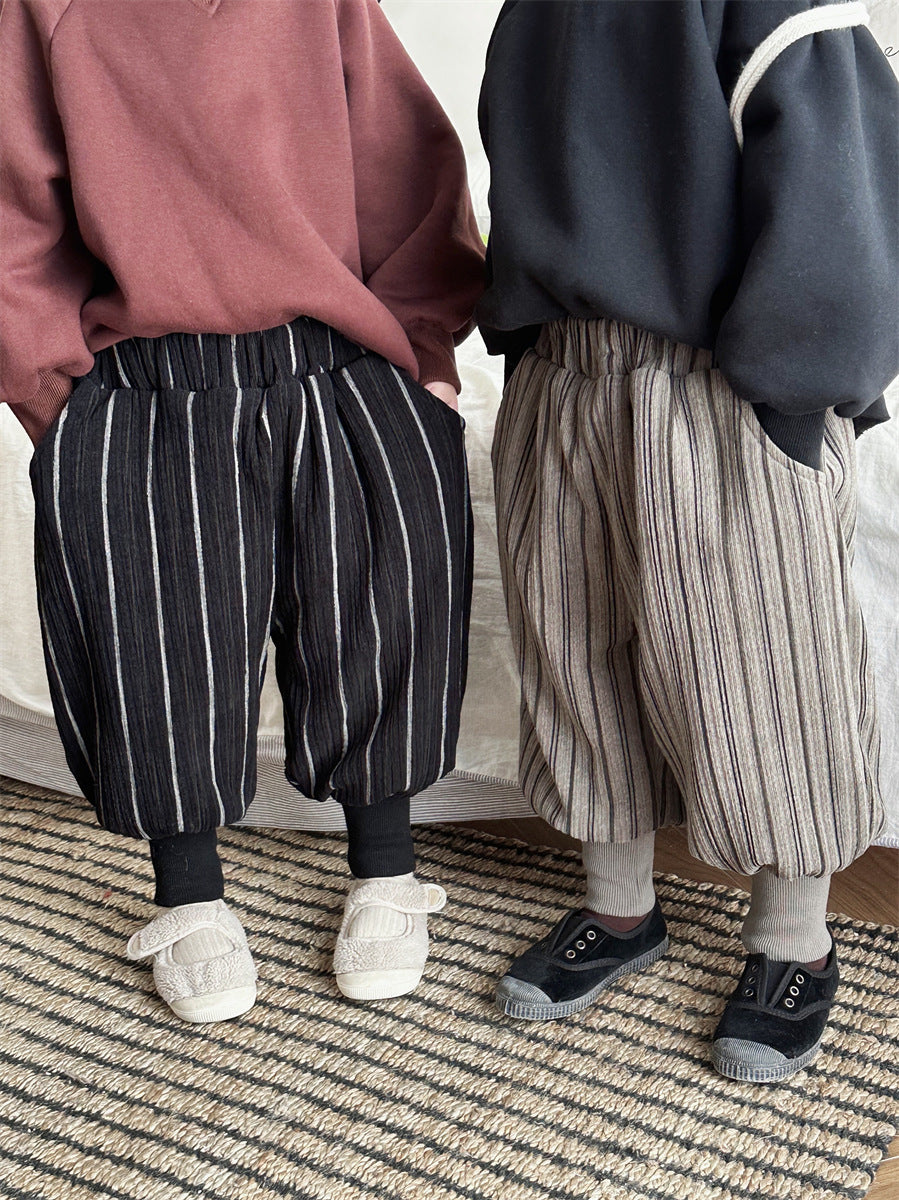 ストライプ柄裏ボア裾リブパンツ