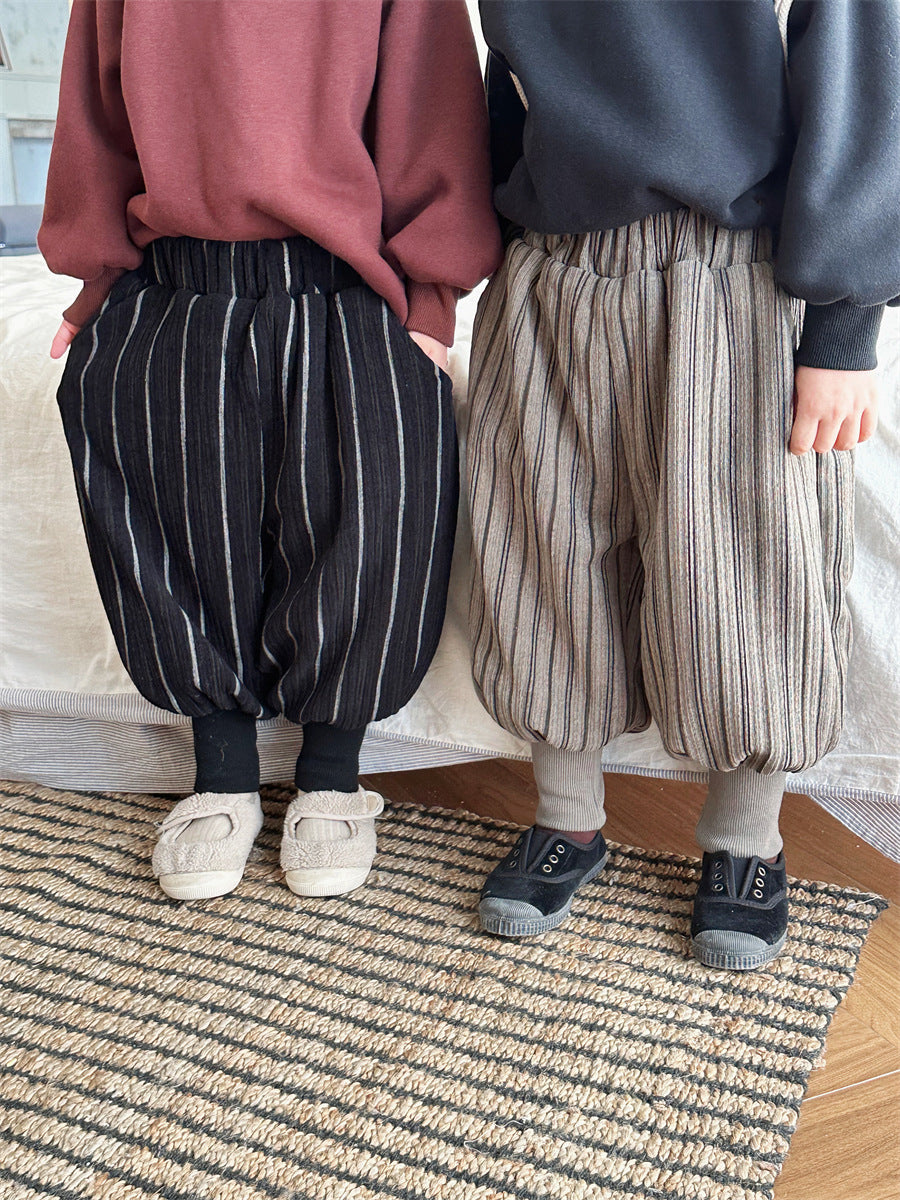 ストライプ柄裏ボア裾リブパンツ