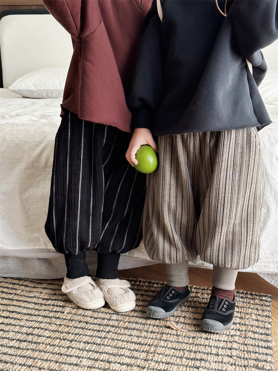 ストライプ柄裏ボア裾リブパンツ