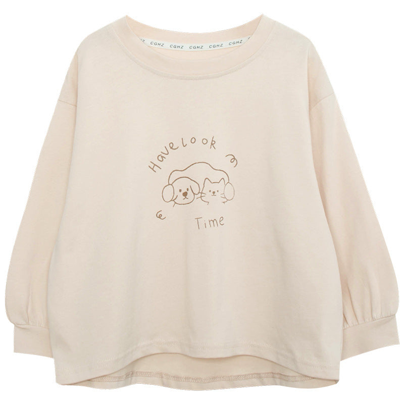 猫&犬プリント純綿長袖T
