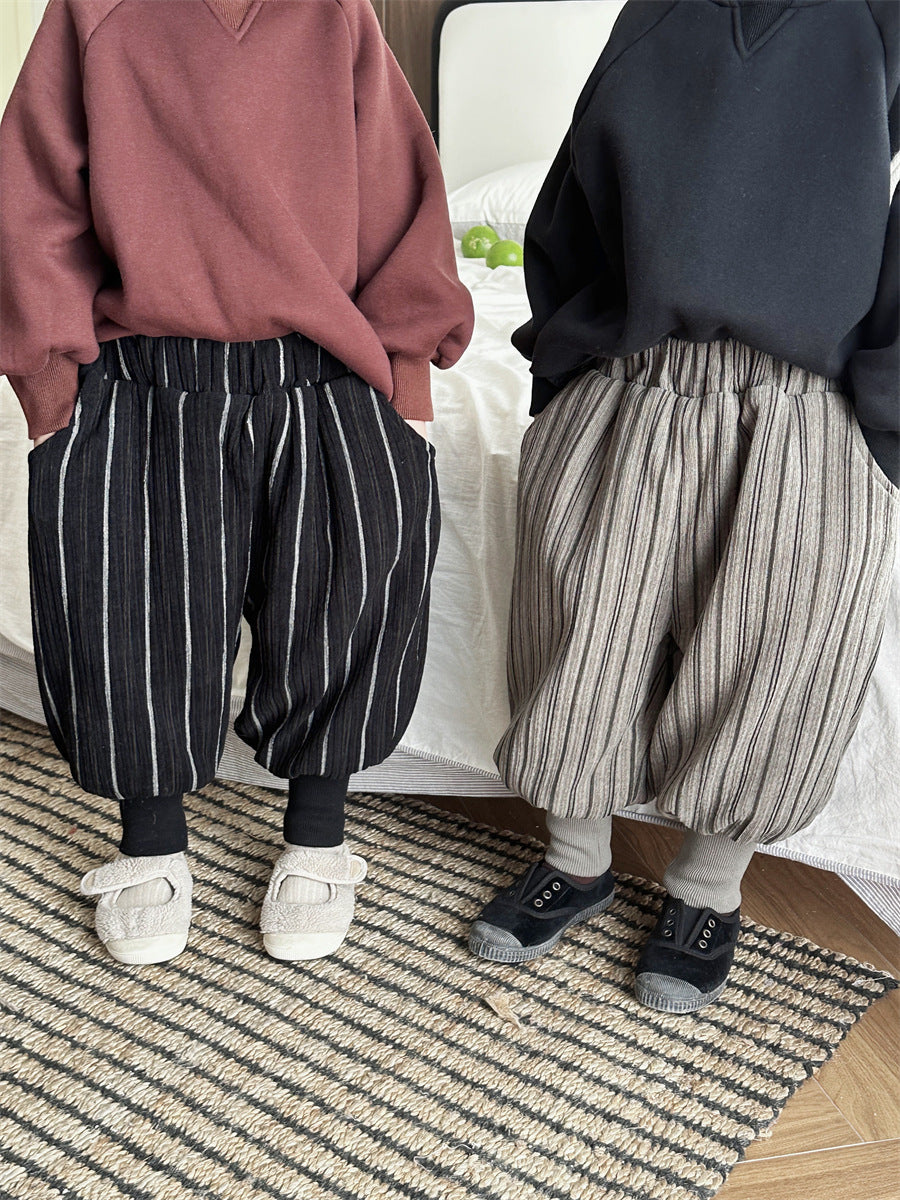 ストライプ柄裏ボア裾リブパンツ