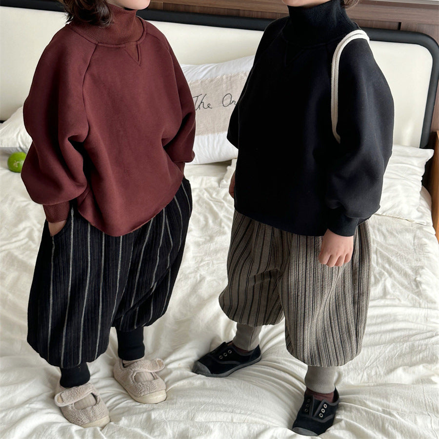 ストライプ柄裏ボア裾リブパンツ