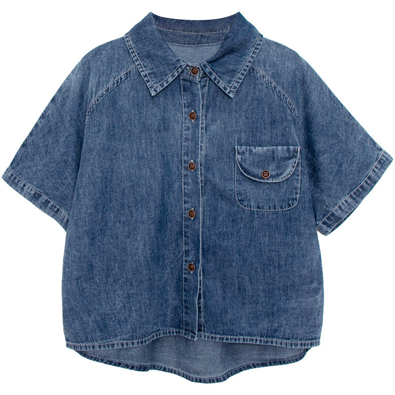 Collared denim short-sleeved shirt