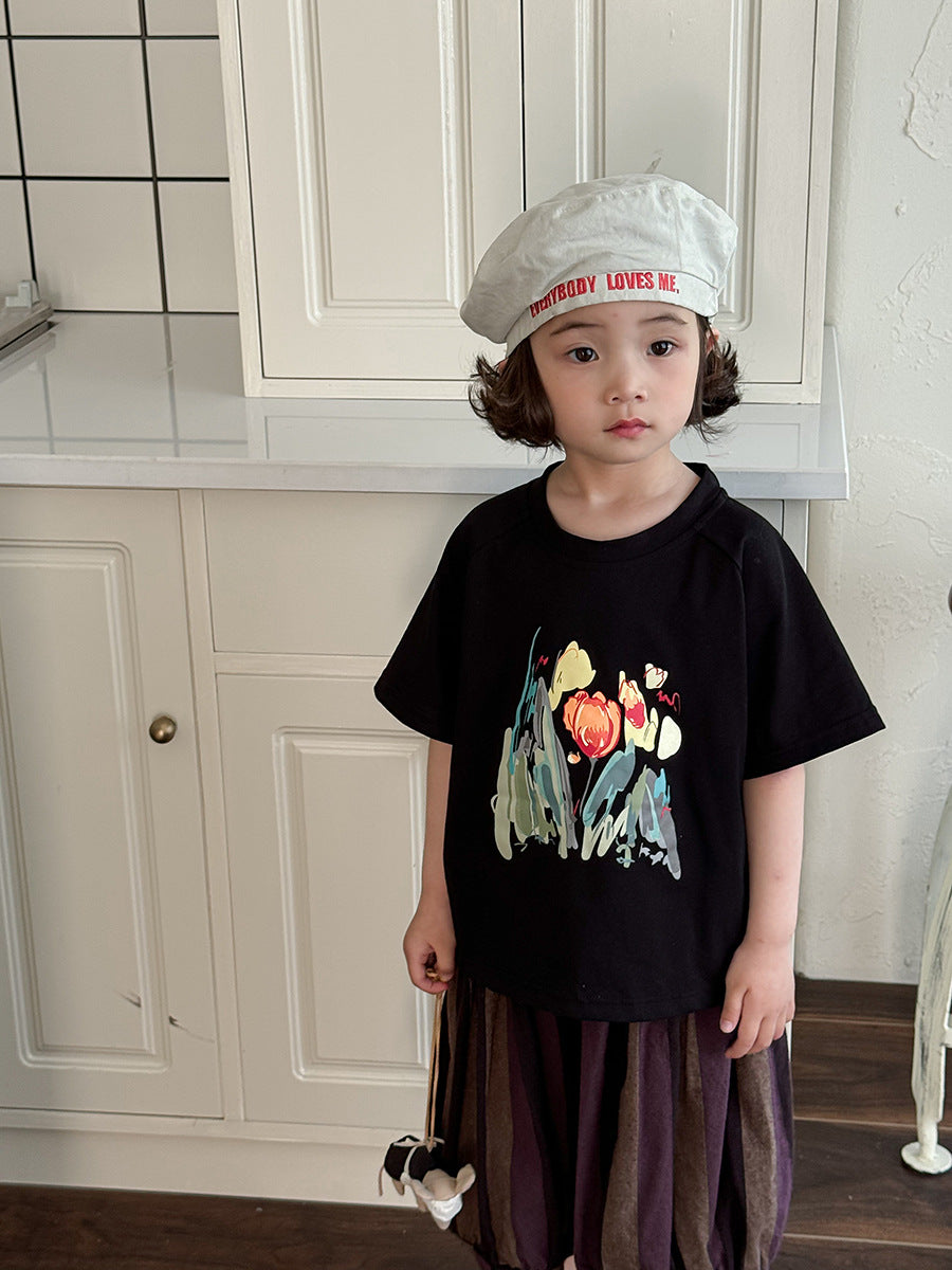 水彩画タッチブーケプリントTシャツ