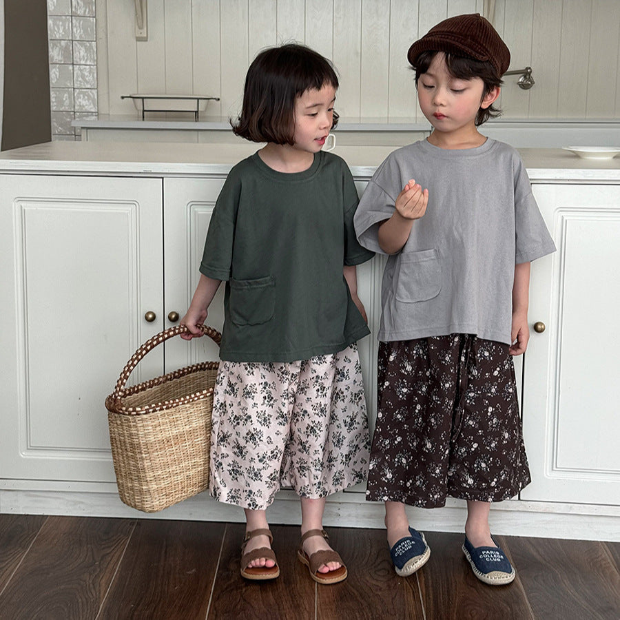 ボタニカル柄ストレート薄手パンツ