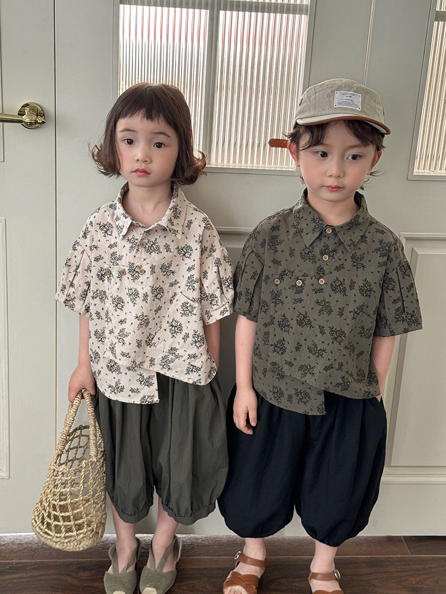袖プリーツボタニカル柄シャツ