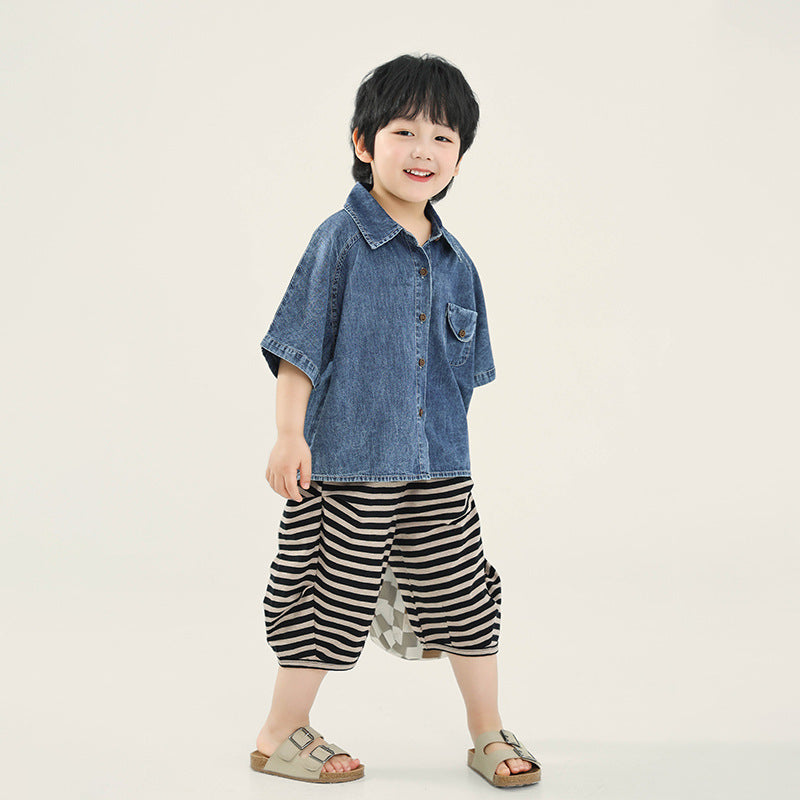 襟付きデニム半袖シャツ