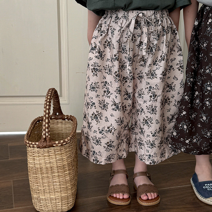 ボタニカル柄ストレート薄手パンツ