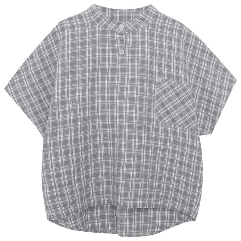 Small round collar checked shirt