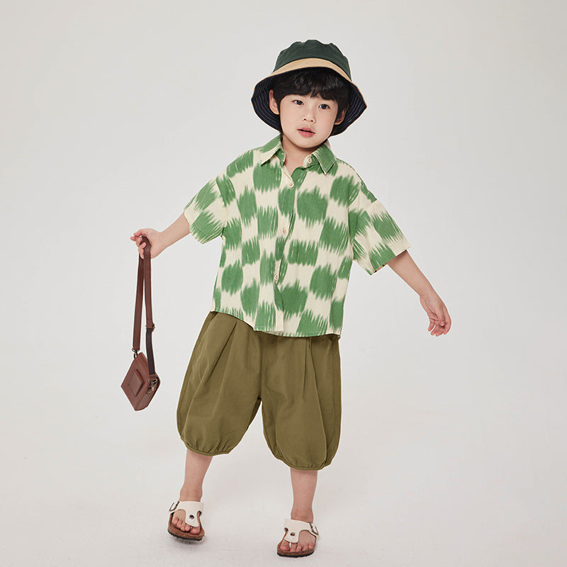 配色プリント半袖シャツ