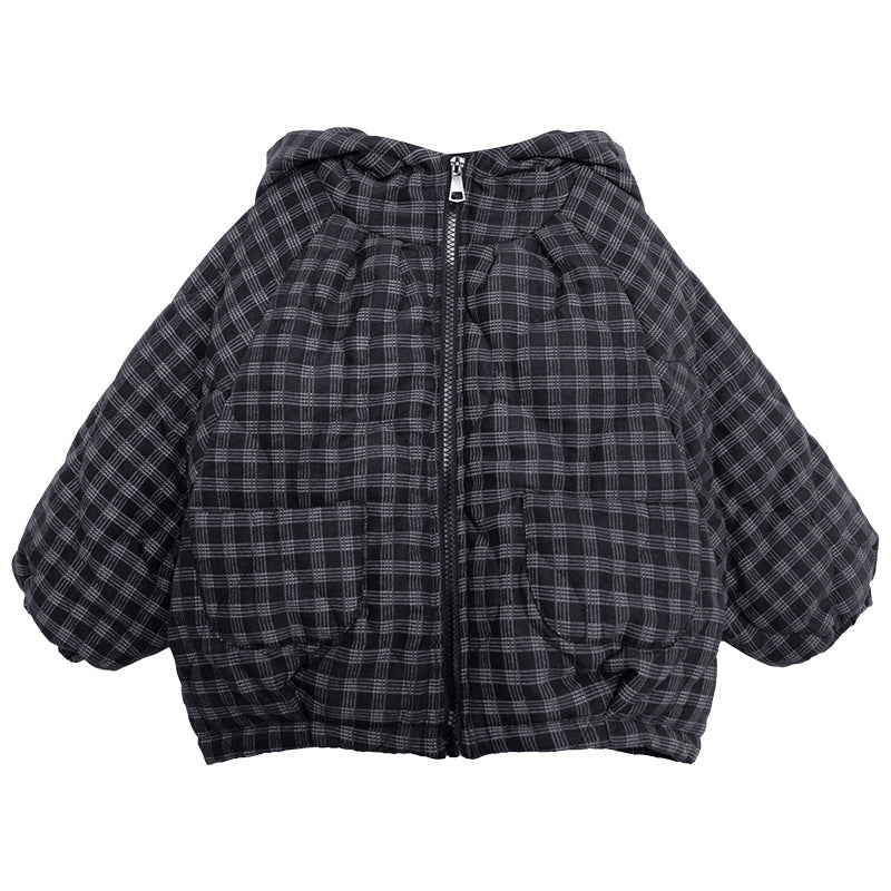 チェック柄中棉フード付きコート