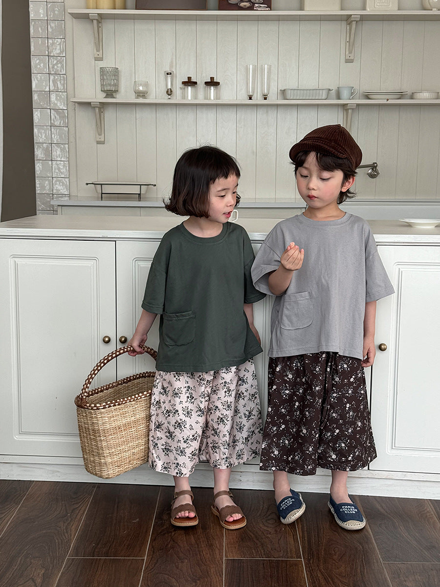 ボタニカル柄ストレート薄手パンツ