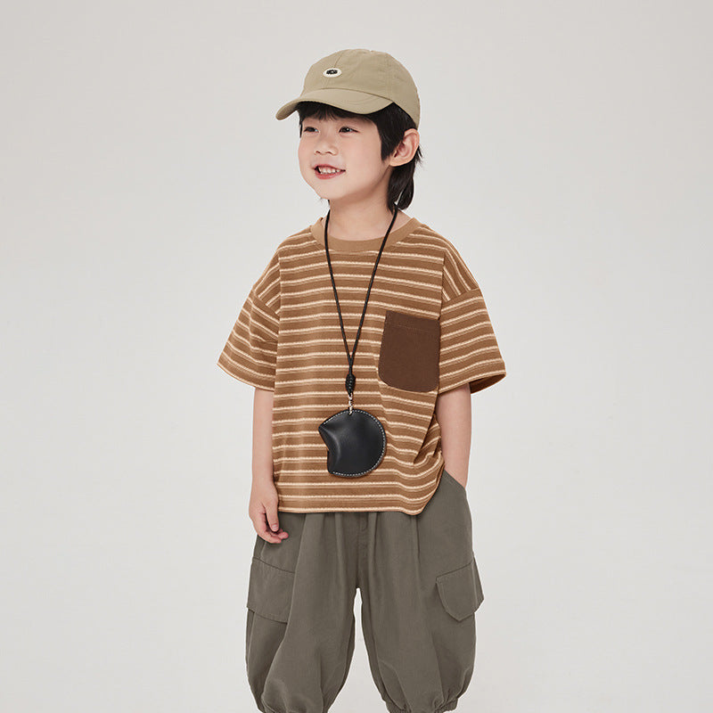 ボーダー柄配色ポケットTシャツ