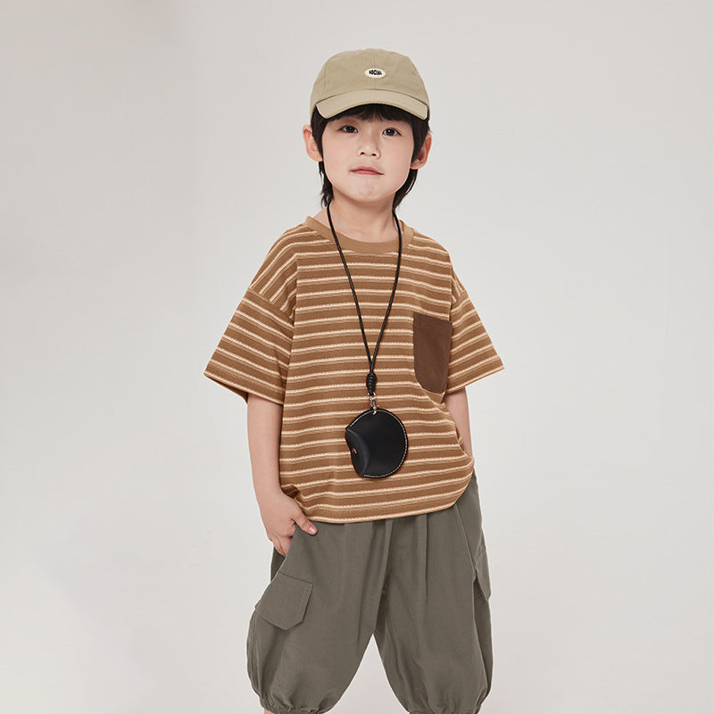 ボーダー柄配色ポケットTシャツ
