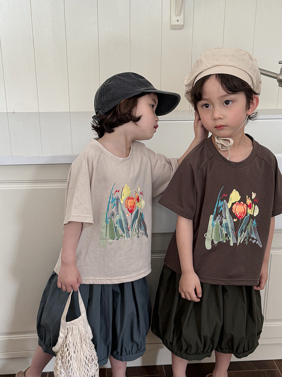 水彩画タッチブーケプリントTシャツ