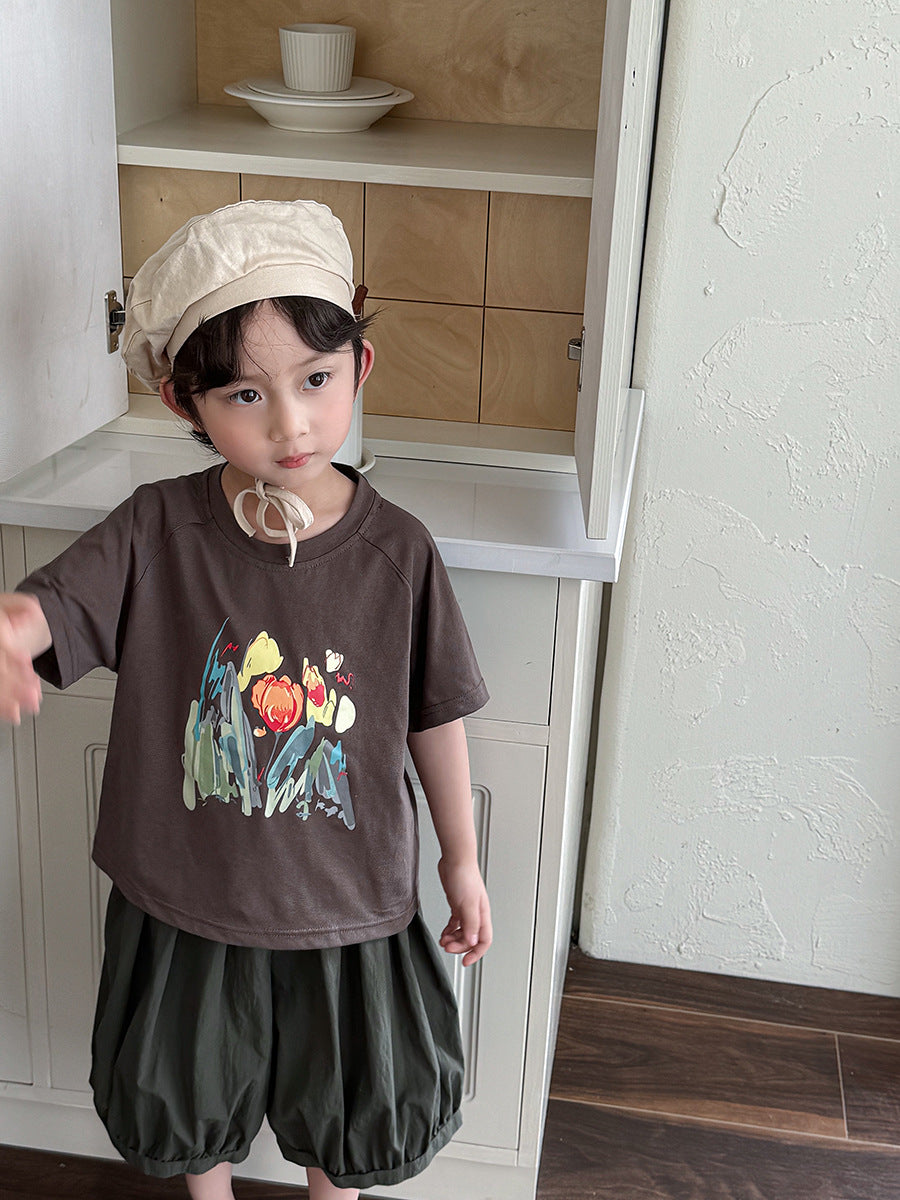 水彩画タッチブーケプリントTシャツ