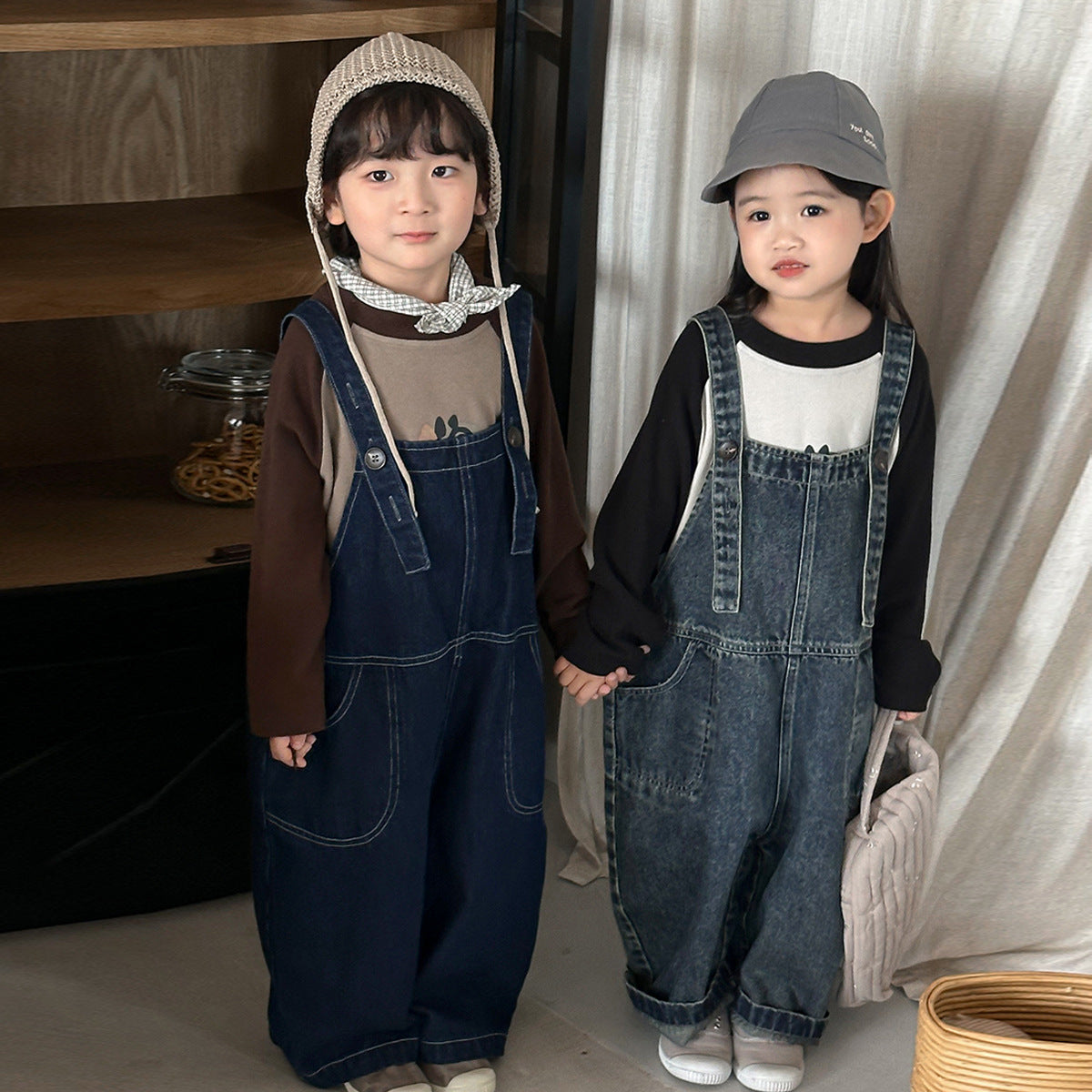 調節可能デニムオーバーオール