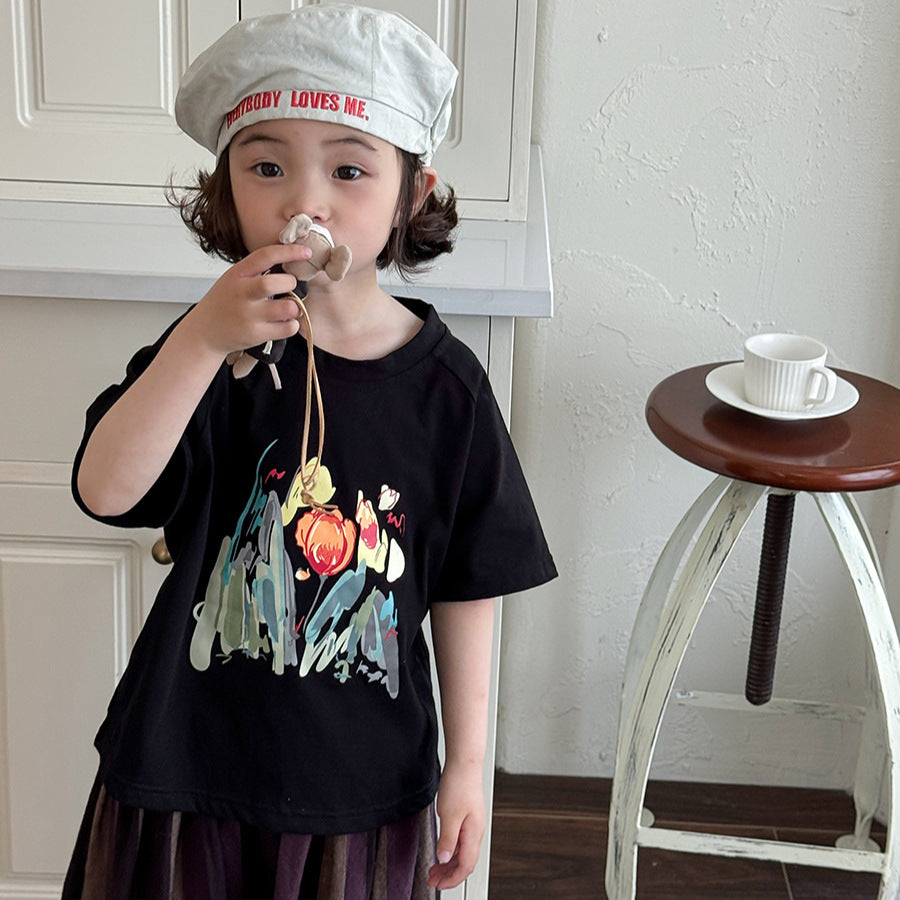 水彩画タッチブーケプリントTシャツ