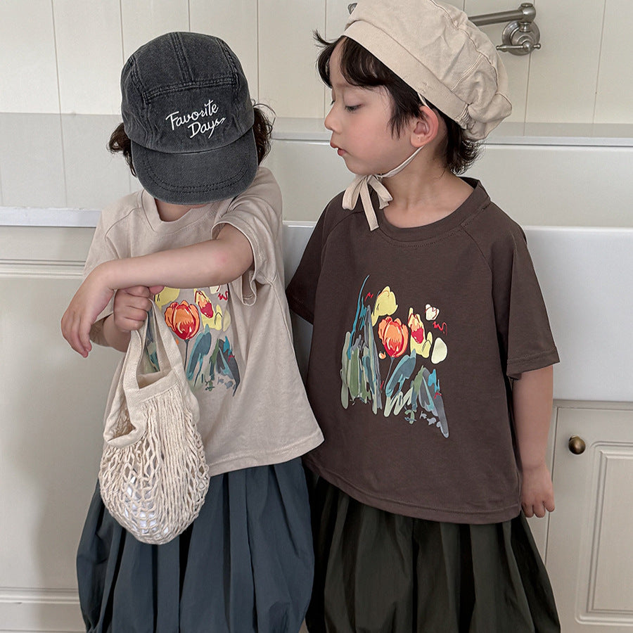 水彩画タッチブーケプリントTシャツ