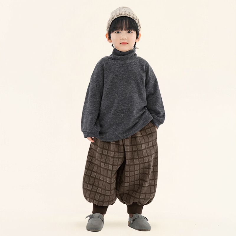 チェック柄裾リブ裏起毛パンツ
