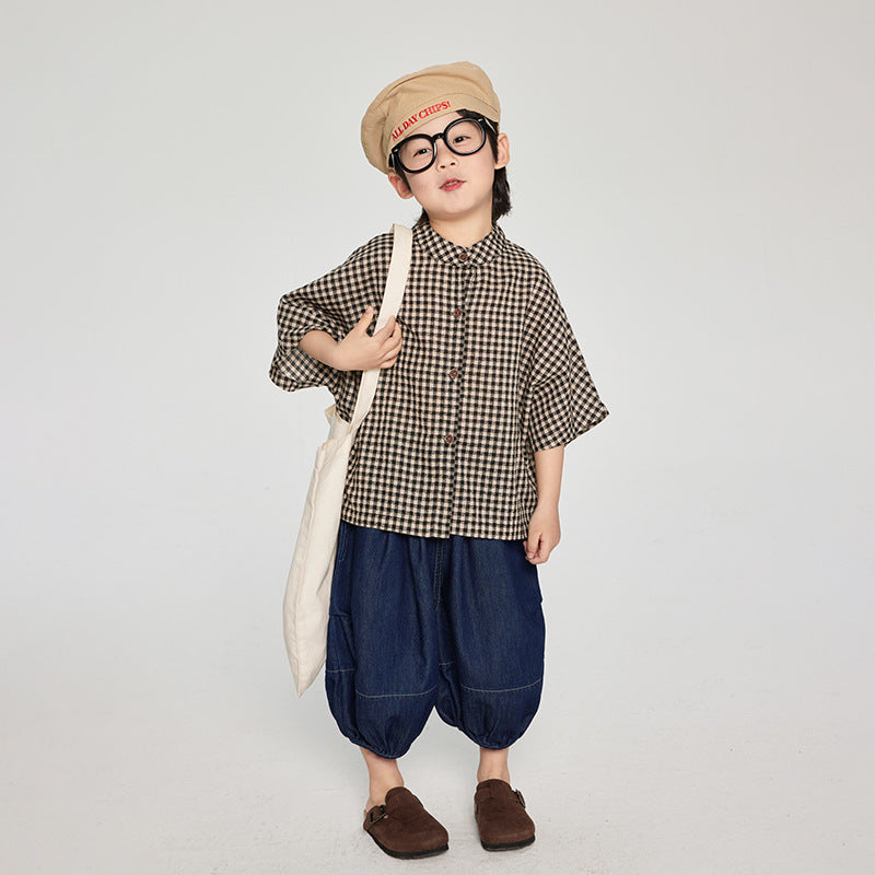 7分袖チェック柄シャツ