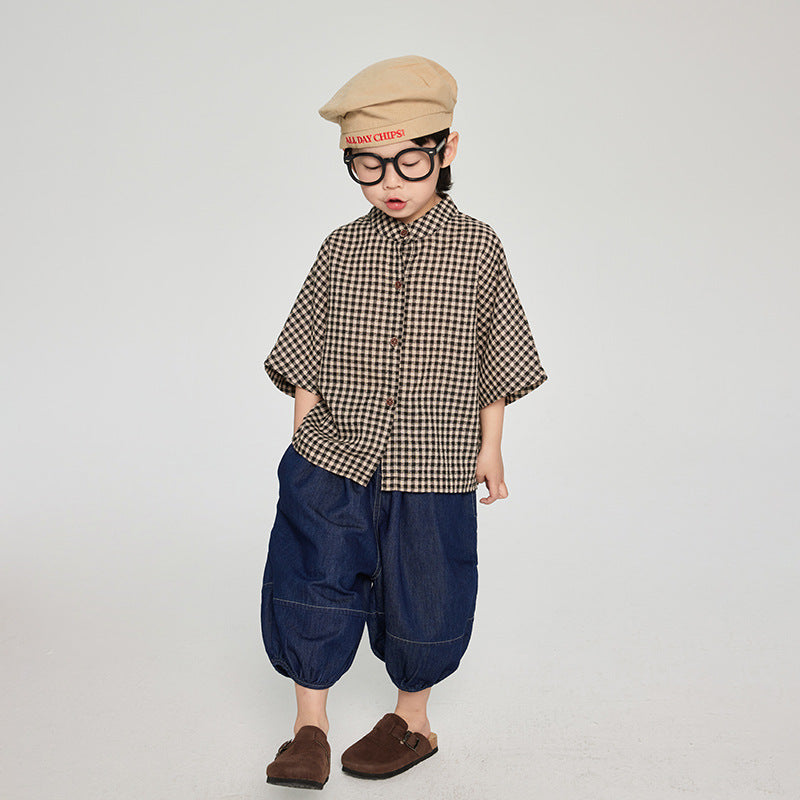 7分袖チェック柄シャツ