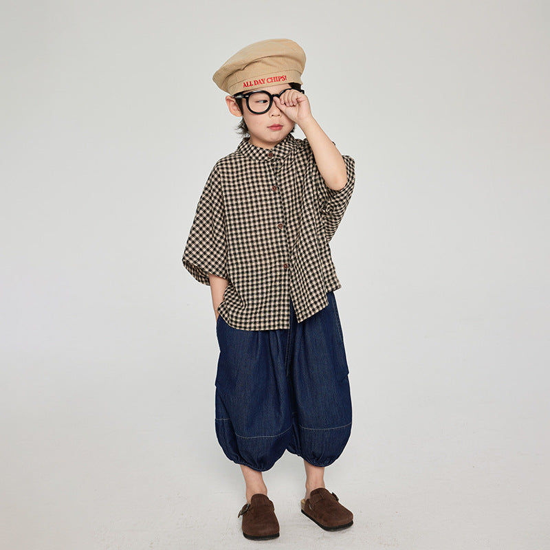 7分袖チェック柄シャツ