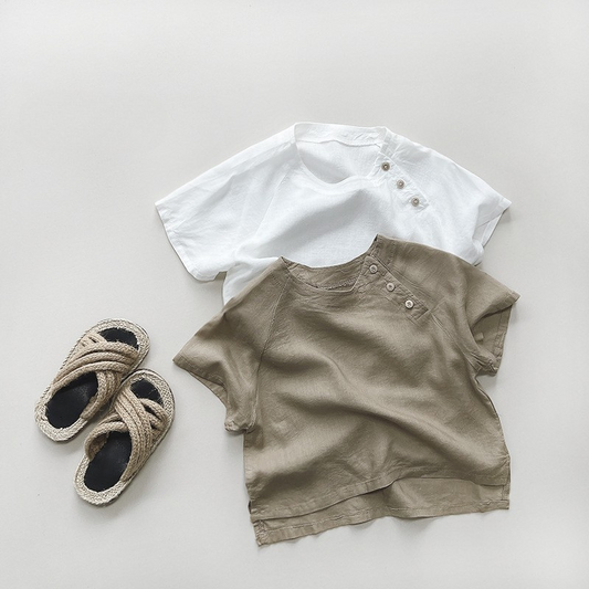 サイドボタンノーカラー半袖シャツ