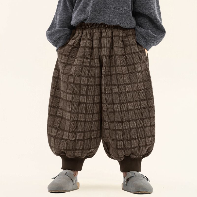 チェック柄裾リブ裏起毛パンツ