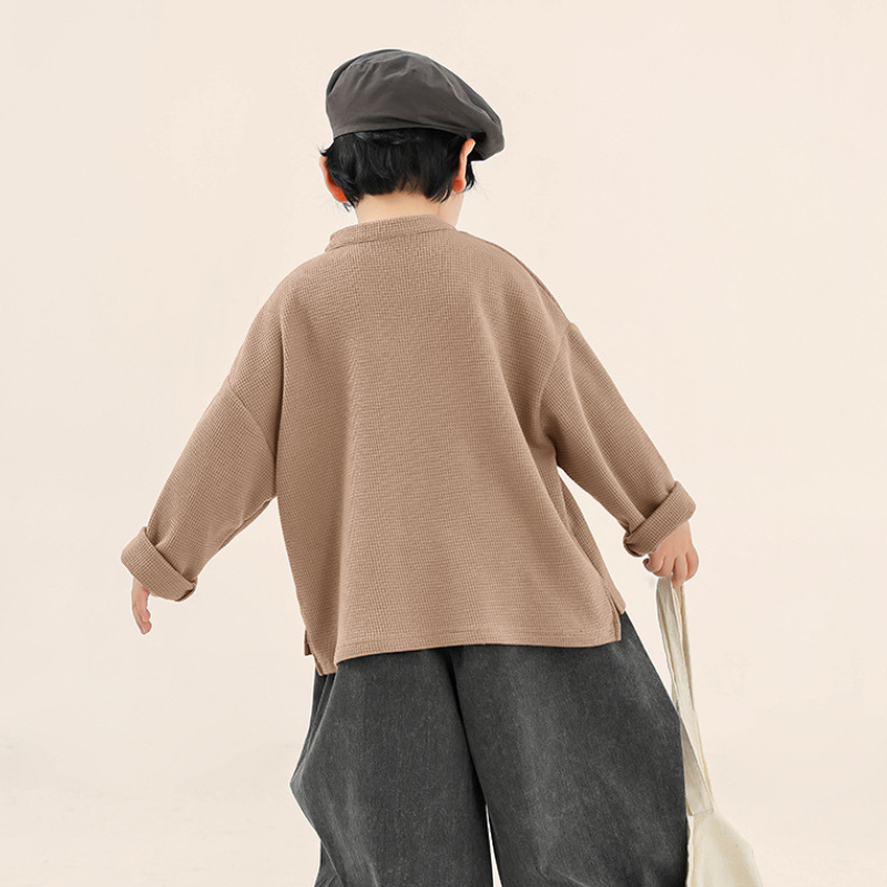 斜めボタンワッフル生地長袖T