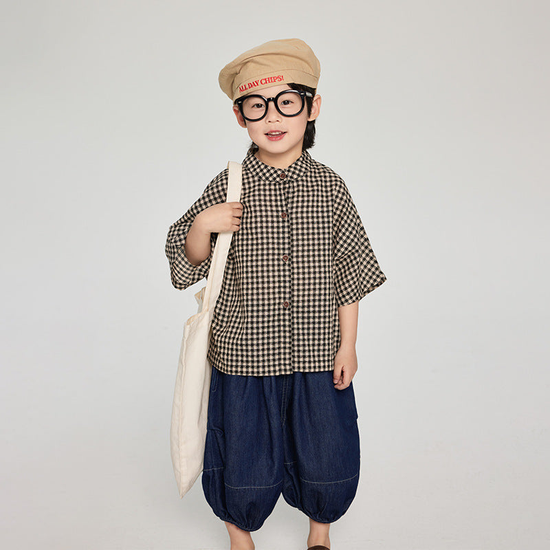 7分袖チェック柄シャツ