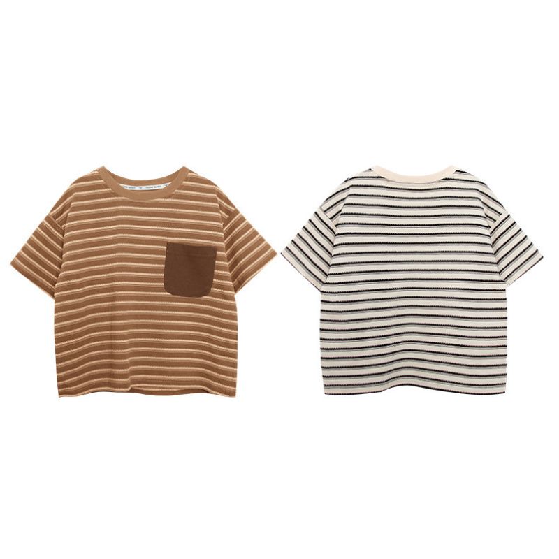 ボーダー柄配色ポケットTシャツ