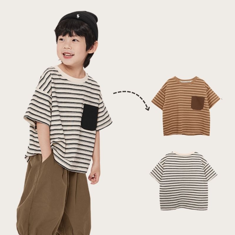 ボーダー柄配色ポケットTシャツ