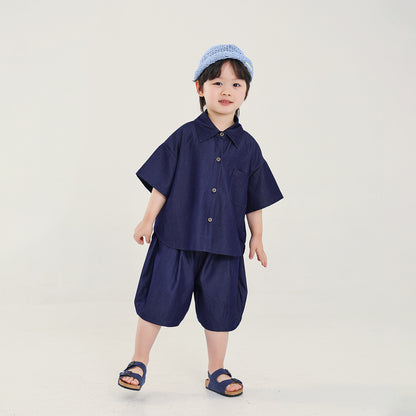 デニム風半袖シャツ＆ショートパンツ2点セット