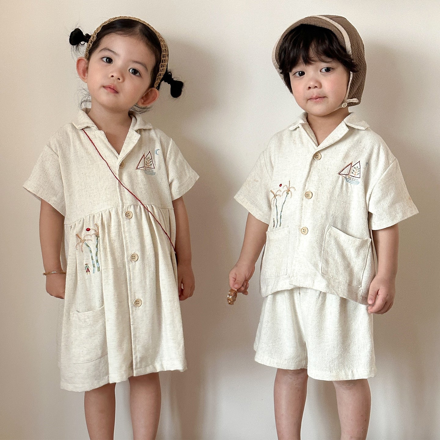 刺繍麻素材シャツセット＆ワンピース