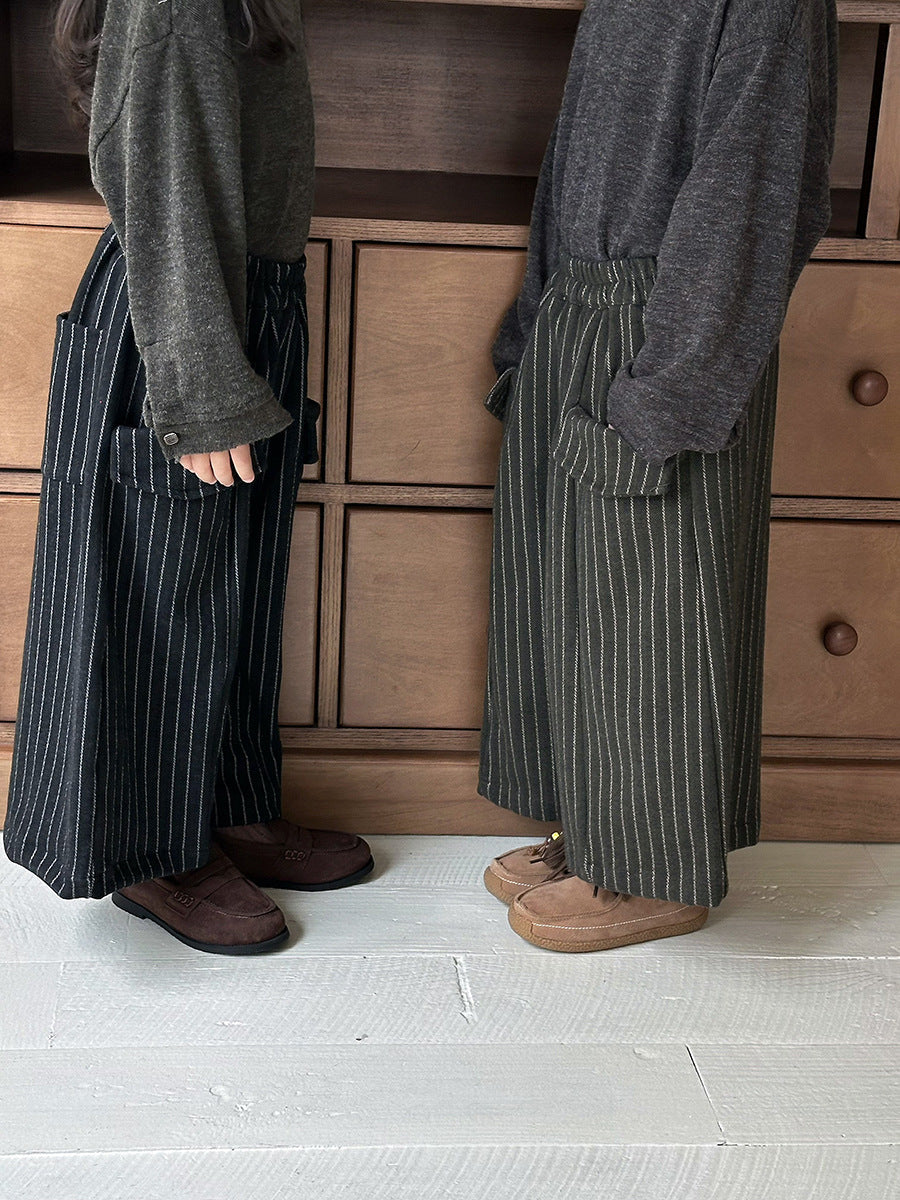 縦ストライプウール調ワイドパンツ
