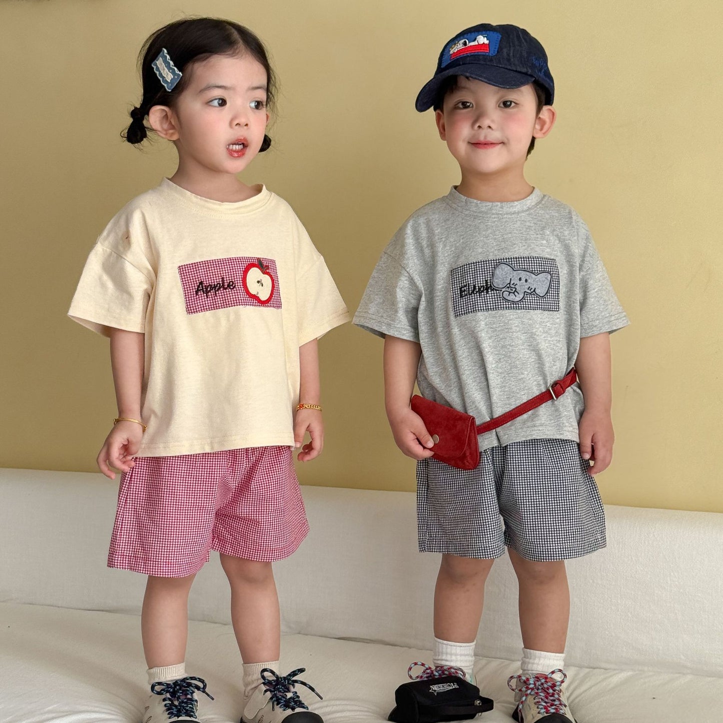 細チェック半袖Tシャツ＆ショートパンツセット