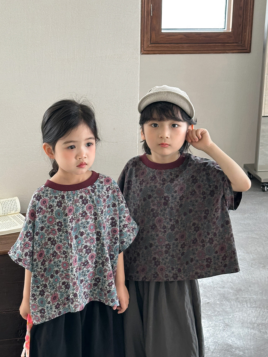 小花柄ドロップショルダー半袖Tシャツ