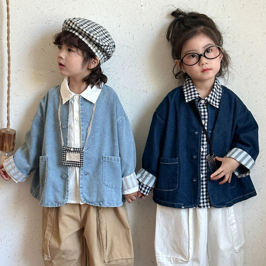 折り返しストライプ袖デニムジャケット