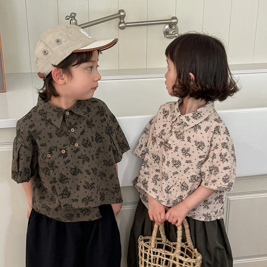 袖プリーツボタニカル柄シャツ