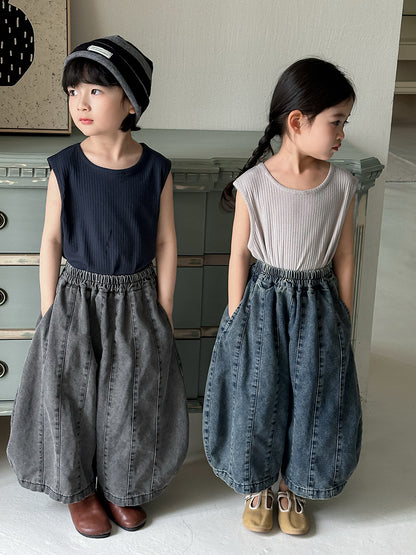 薄手デニムカーブドワイドパンツ