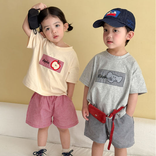 細チェック半袖Tシャツ＆ショートパンツセット