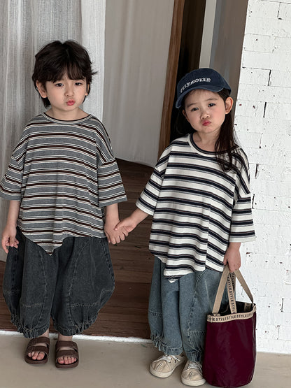 裾アシンメトリーボーダー柄Tシャツ