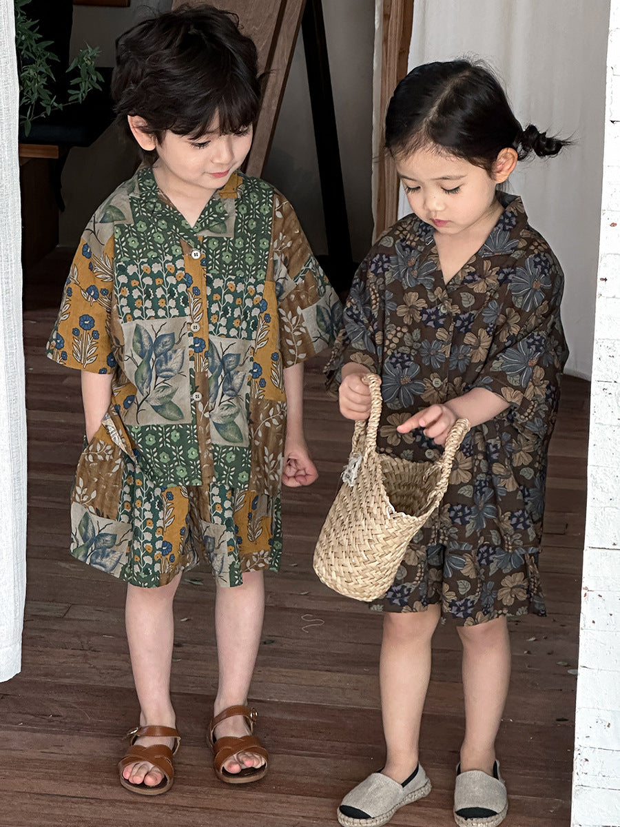 花総柄シャツとショートパンツ2点セット